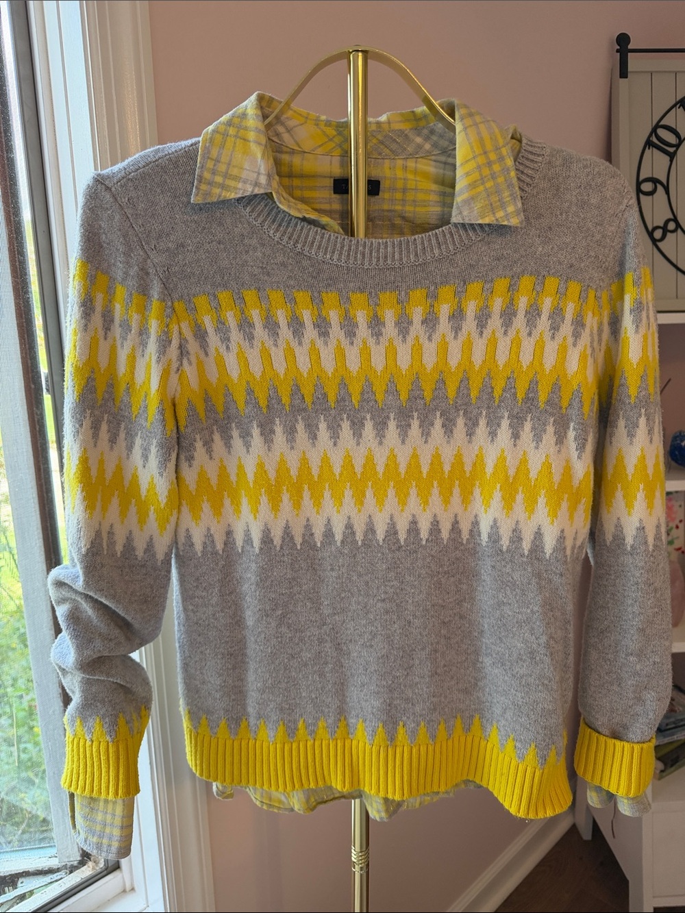 Two-for-one Talbots Gray, Yellow & White Zigzag Crewneck Sweater and Shirt